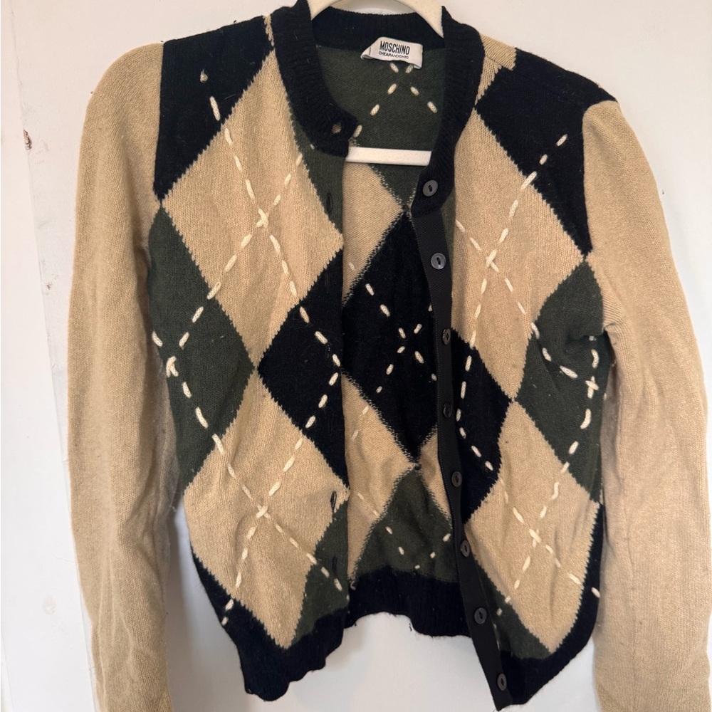 Moschino Women's Argyle Cardigan Sweater - Black and Tan